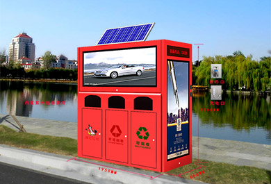 户外三分类大容量太阳能广告垃圾箱实景图片